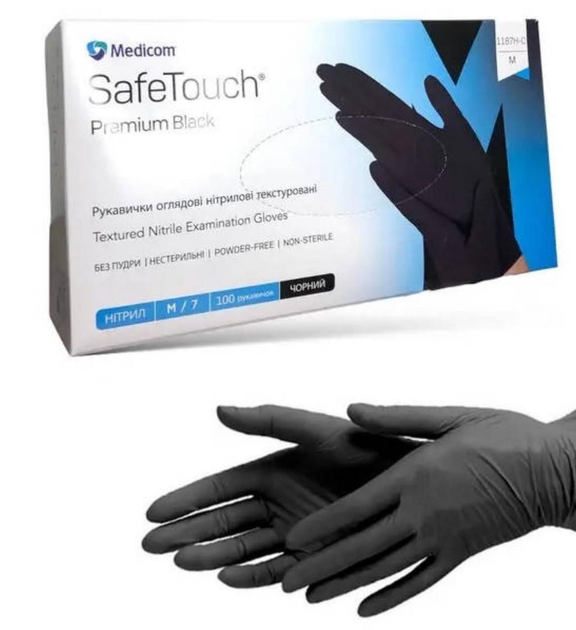 Рукавички оглядові нітрилові текстуровані Medicom SafeTouch Premium Black (неопудрені,нестерильні,чорні) М-size,100шт./уп.-1187H-С - зображення 1