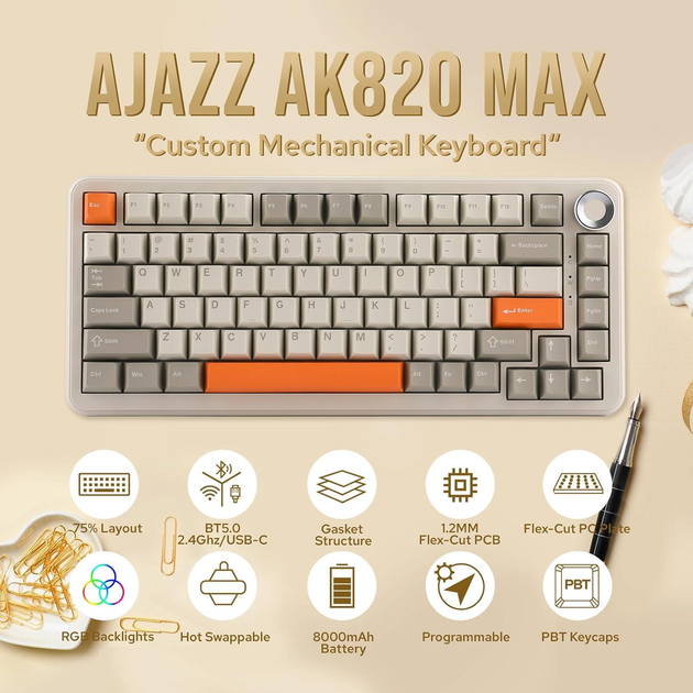 Клавіатура AJAZZ AK820 MAX Grey Beige Orange Бездротова Ігрова Механічна. 2.4G/Bluetooth/Кабель. Батарея 8000mAh. Flying Fish Switch - зображення 2
