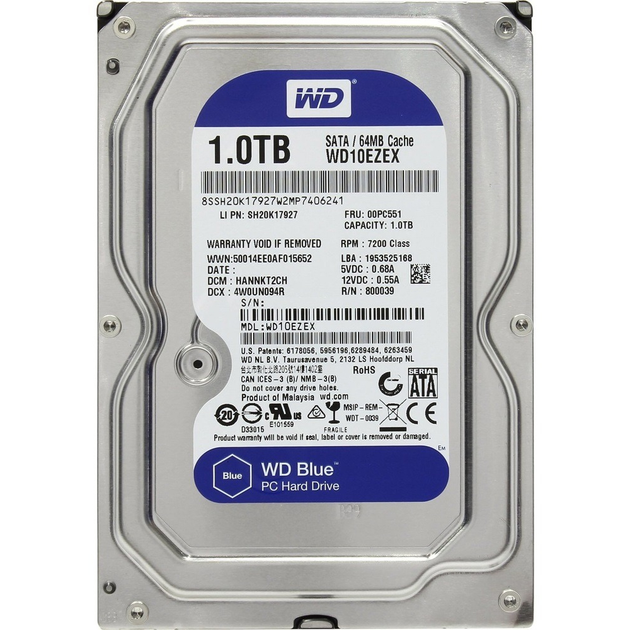 Жесткий диск (HDD) 3.5" SATA 1TB WD Blue 7200rpm/64MB (WD10EZEX) – фото ...