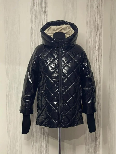 Демисезонная женская куртка большого размера UF-fashion Laura - ЛВР лак XXL (54-56) черный с бежевым 