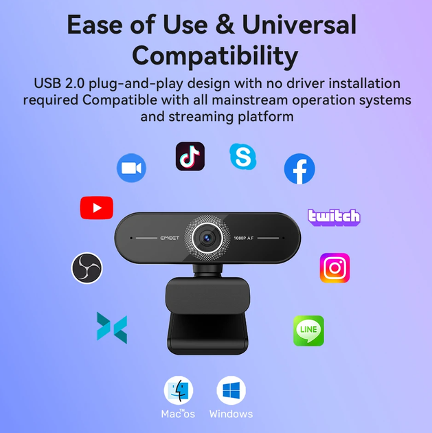Веб-камера EMEET SmartCam C60E 4K с двумя встроенными микрофонами - Фото 8 Веб-камера EMEET SmartCam C60E 4K с двумя встроенными микрофонами - изображение 8
