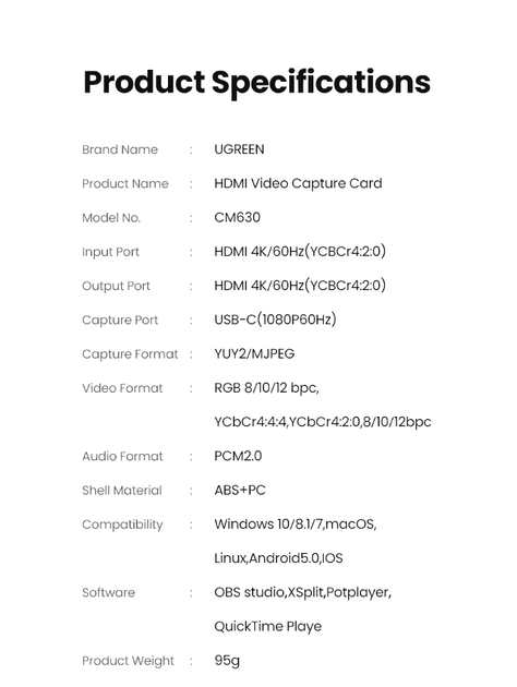 Картка відеозахоплення UGREEN CM630 HDMI to USB/USB-C 4K 60 Гц HDMI відеозахоплення (15390A) - зображення 10