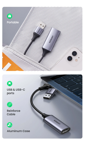 Конвертор сигналу Ugreen CM489 USB-A/Type-C to HDMI Video Capture Device Gray (40189) - зображення 7