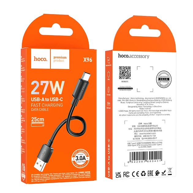Кабель Hoco X96 Hyper 27W charging data cable Type-C(L-0.25M) Black - Фото 2 Кабель Hoco X96 Hyper 27W charging data cable Type-C(L-0.25M) Black - зображення 2