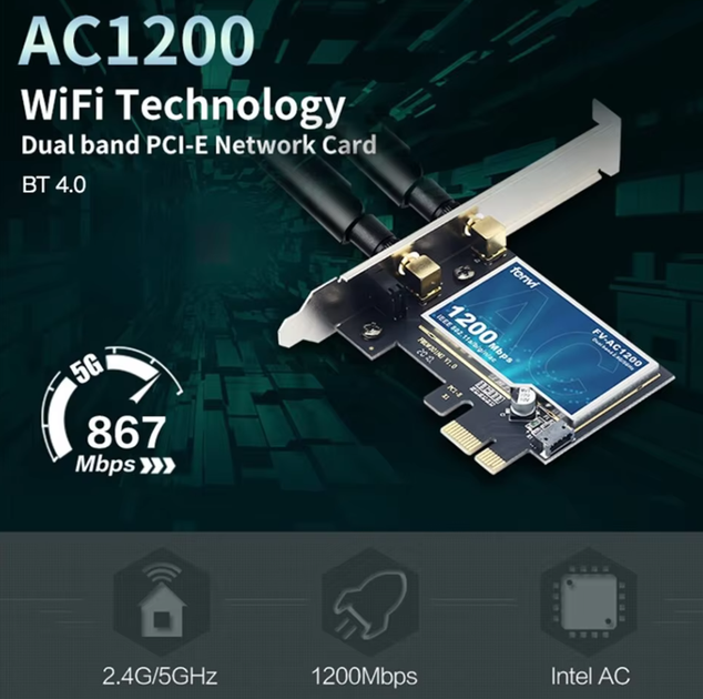 Беспроводная WiFi-карта FENVI 1200 Мбит/с PCIE-адаптер FV-AC1200 дводіапазонний 2.4 ГГц/5 ГГц - изображение 6