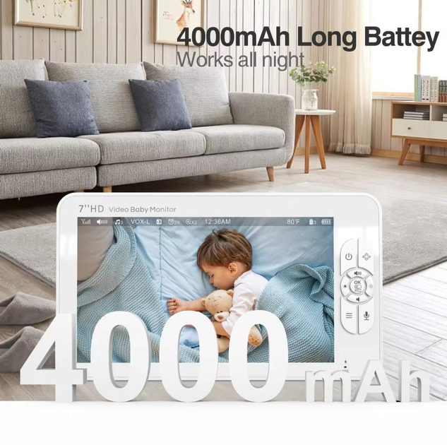 Видеоняня Baby Monitor SM-70PTZ с 7-дюймовым ЖК-монитором+гибкий держатель камеры, аккумулятор 4000 mah(24 часа работы), обзор 355 град, датчиком звука, ночное видение, поворотная радионяня и измерением температуры - изображение 4