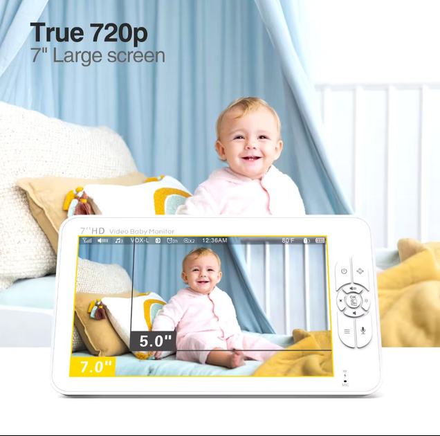 Видеоняня Baby Monitor SM-70PTZ с 7-дюймовым ЖК-монитором+гибкий держатель камеры, аккумулятор 4000 mah(24 часа работы), обзор 355 град, датчиком звука, ночное видение, поворотная радионяня и измерением температуры - изображение 8