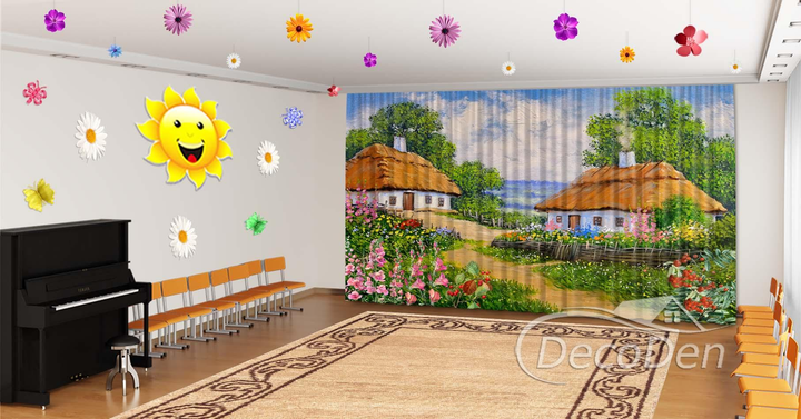 Патріотичні Фото Штори в дитячий сад PHOTODECOR "Українське село з мальвами" - зображення 1