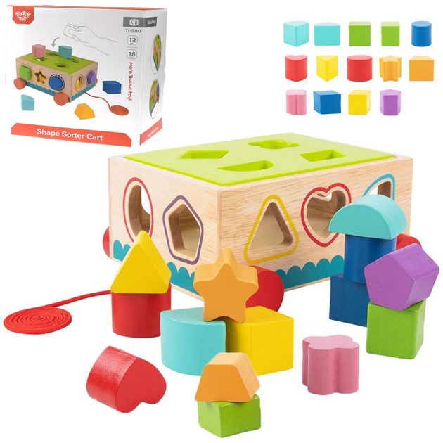 Sorter drewniany Tooky Toy Wózek z klockami 16 elementów (6972633373629) - obraz 1