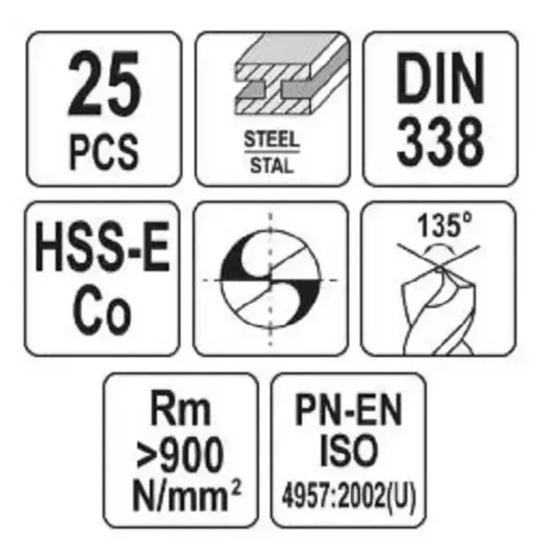 Набір свердл по металу CO-HSS 1-13 мм 25 шт. YATO YT-41605 - зображення 2