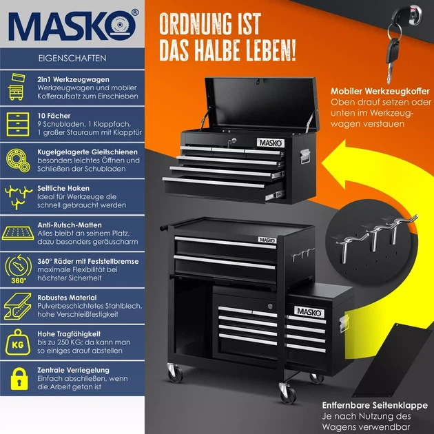 Тележка для инструмента MASKO на 9 отделений черная 620 x 335 x 745 мм Германия - изображение 2