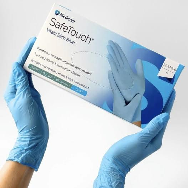 Нітрилові текстуровані рукавички Medicom SafeTouch Vitals Slim Blue (синій) S-size, 100шт./уп. -1175Р2-B - зображення 1