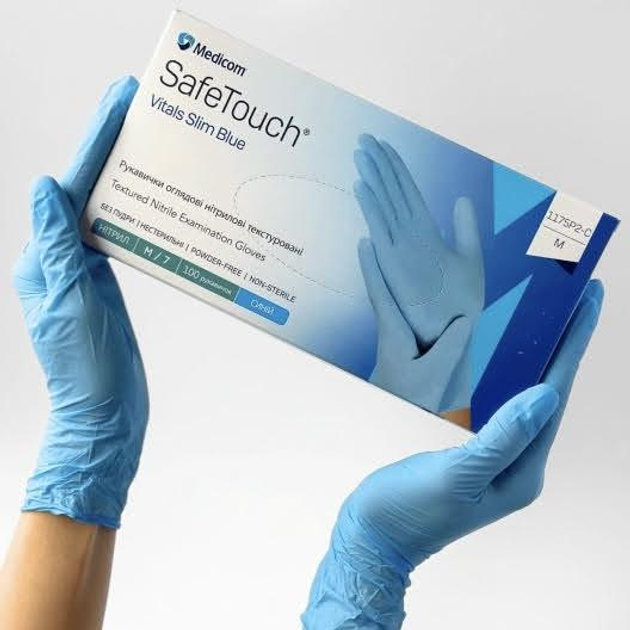 Нитриловые текстурированные перчатки Medicom SafeTouch Vitals Slim Blue(синий)M-size, 100шт./уп. - 1175Р2-C - изображение 1