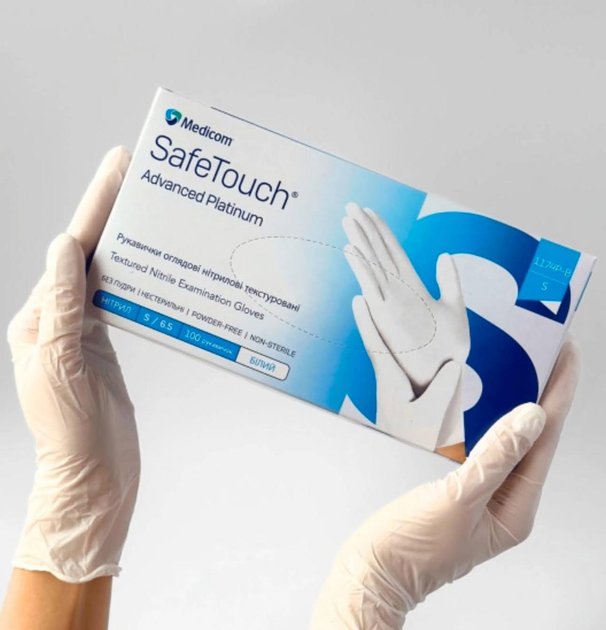 Перчатки нитриловые текстурированные Medicom SafeTouch Advanced Platinum(белый) S-size, 100шт./уп. -1174-P-B - изображение 1