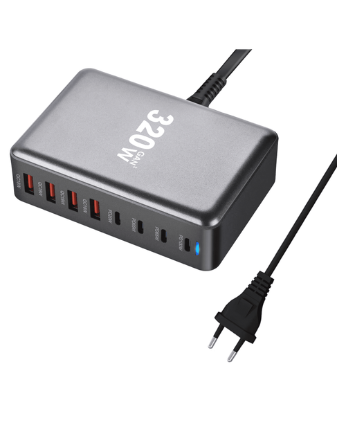 Зарядний адаптер - блок живлення Essager 320W GaN YMX-320 4U+4C (8 виходів) - Фото 3 Зарядний адаптер - блок живлення Essager 320W GaN YMX-320 4U+4C (8 виходів) - зображення 3