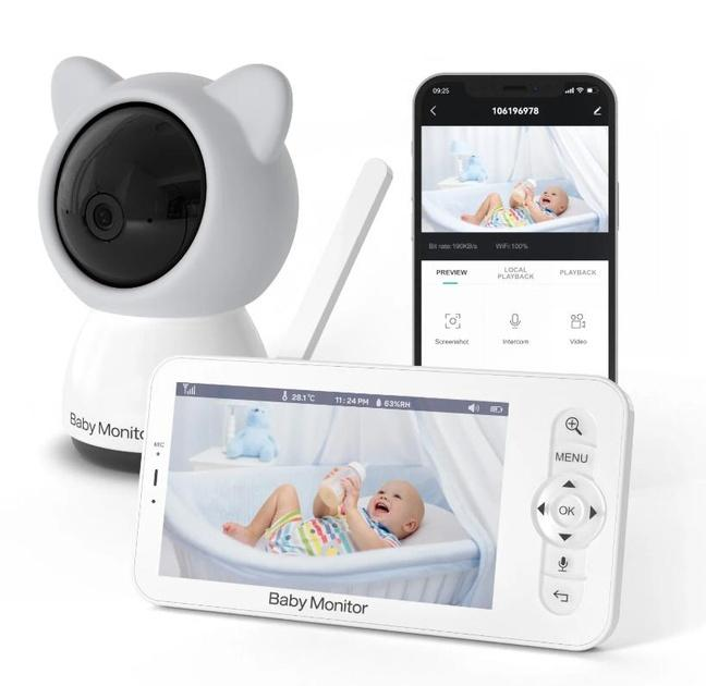 Видеоняня Baby Monitor цифровая WiFi с 5 дюймовым HD экраном+гибкий держатель, камера 1080Р, 4-кратный зум, с датчиком звука, движения, ночное видение + термометр, радионяня, няня - изображение 2