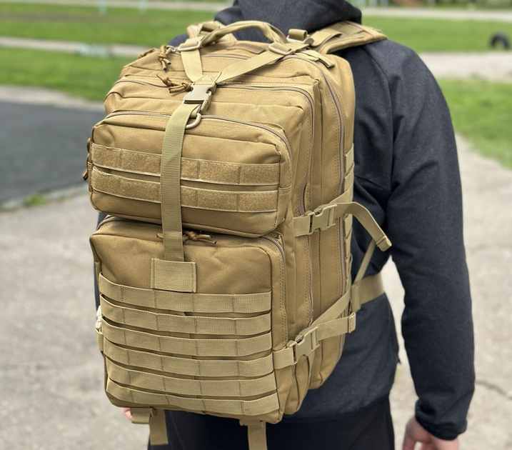 Военный тактический рюкзак 50л штурмовой Oxford 800D с системой крепления MOLLE водостойкий на 2 лямки Койот - изображение 4