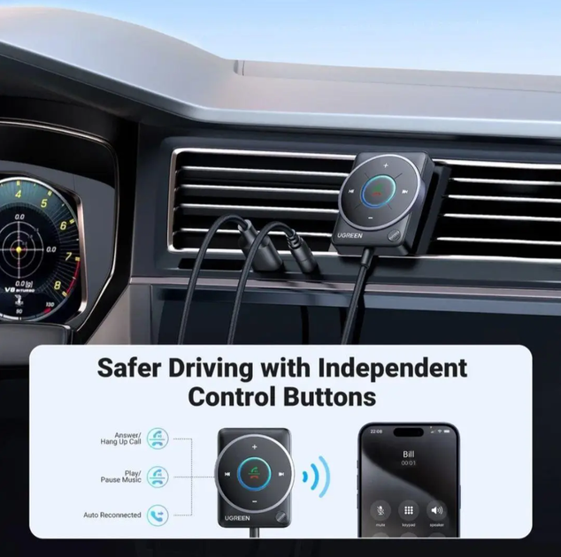 Автомобильный Bluetooth-адаптер Ugreen CM723 AUX ресивер (приемник) Bluetooth 5.4 с микрофоном (35002) - изображение 2