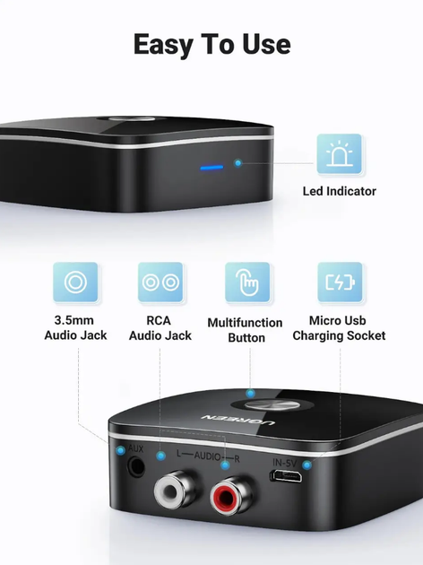 Bluetooth-адаптер Ugreen CM123 Bluetooth 5.3 HiFi аудио AUX приемник 2RCA 3.5 mm Аккумулятор 8ч (30445) - изображение 3