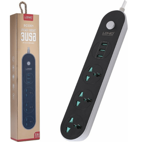 Мережевий подовжувач LDNIO SC3301, 2500W, 1.6m, EU plug, 3USB, 3 Sockets 3.1A, black - зображення 3