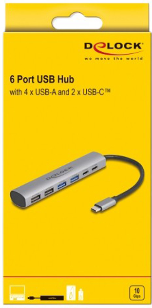 USB Hub Delock 6 Port USB Hub with 4 x USB Type-A female and 2 x USB Type-C female Silver (4043619642328) - obraz 3