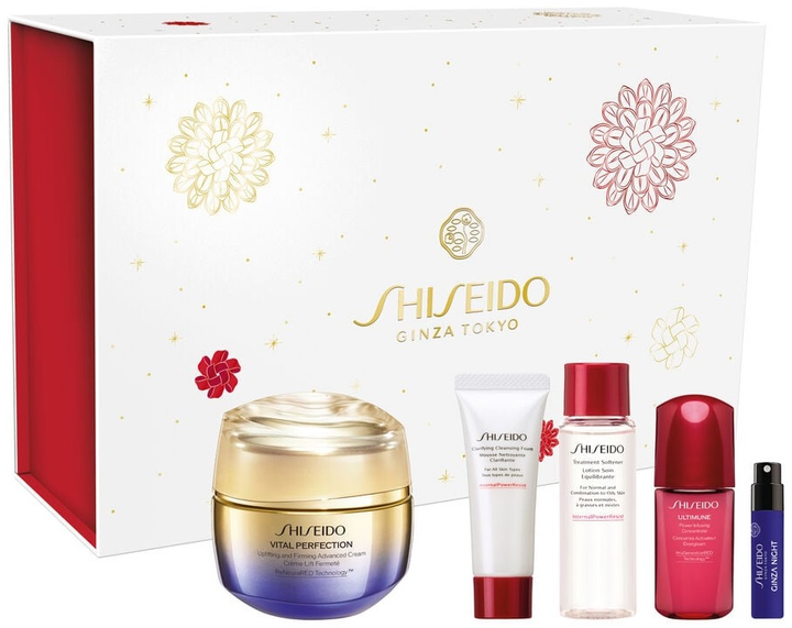 Zestaw do pielęgnacji twarzy Shiseido Ginza Tokio Krem Vital Perfection liftingujący 50 ml + Lotion 30 ml + Pianka oczyszczająca 15 ml + Serum 10 ml + Próbka Woda perfumowana Ginza Night 0.6 ml (3423222122515) - obraz 1