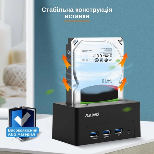 Док-станція Maiwo для HDD 2.5"/3.5" SATA/SSD 3хUSB 3.0 (K308H 6372) Чорна - зображення 5