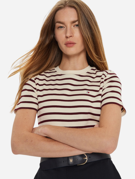 Koszulka damska bawełniana Tommy Hilfiger WW0WW40587-0AB M Beżowy/Bordowy (8720638385929) - obraz 4