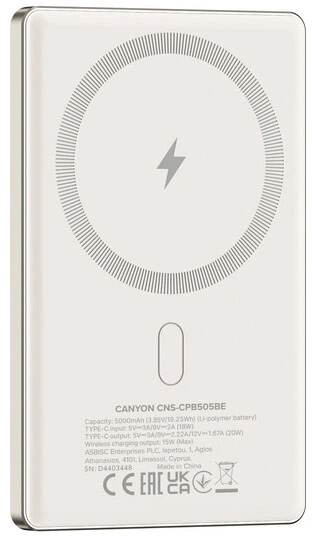 Powerbank Canyon OnPower 505 slim Magsafe 5000 mAh PD20W Beige (CNS-CPB505BE) - obraz 5