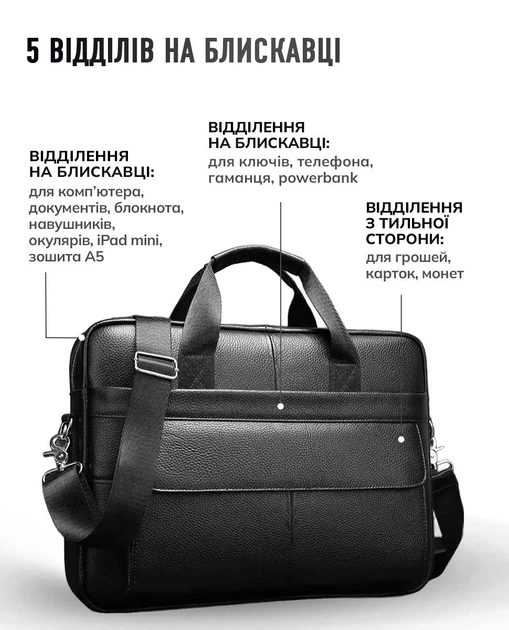 Мужская кожаная сумка портфель 39x 28x7 / сумка на одно отделение для ноутбука, черный цвет - Фото 4 Мужская кожаная сумка портфель 39x 28x7 / сумка на одно отделение для ноутбука, черный цвет - изображение 4