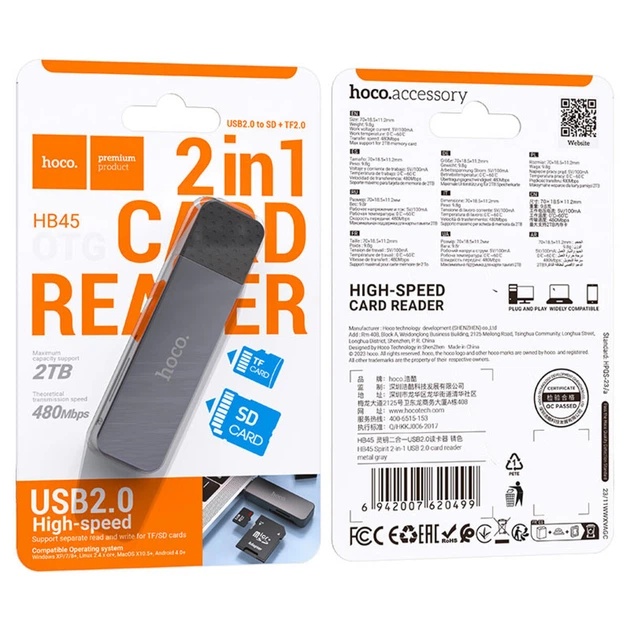 Картридер HOCO HB45 2-в-1 USB 2.0 SD TF для карток пам'яті до 2TB (4F96D8BD4541) - зображення 5