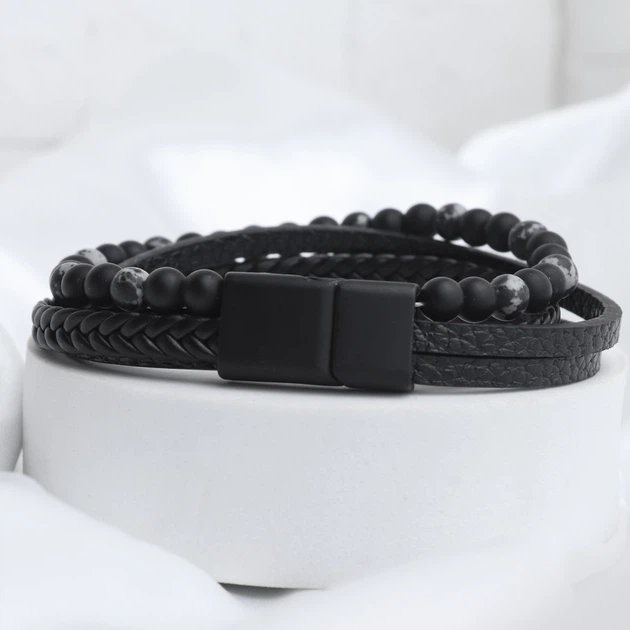 Мужской кожаный браслет с индивидуальной гравировкой на руку "Harmony Black" с магнитной застежкой - изображение 2