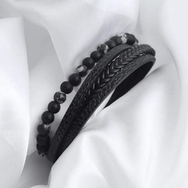 Мужской кожаный браслет с индивидуальной гравировкой на руку "Harmony Black" с магнитной застежкой - изображение 5