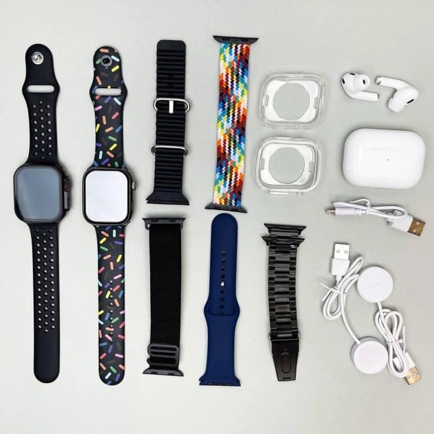 Набор i60 suit max комплект 12 в 1 Smart Watch 9 и смарт часы Ultra 2 + наушники Pro 2 дополнительные ремешки черный - Фото 5 Набор i60 suit max комплект 12 в 1 Smart Watch 9 и смарт часы Ultra 2 + наушники Pro 2 дополнительные ремешки черный - изображение 5