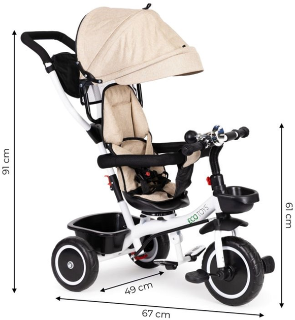 Rowerek trójkołowy EcoToys spacerówka wózek YM-BT-2 Beige (5903769975549) - obraz 8