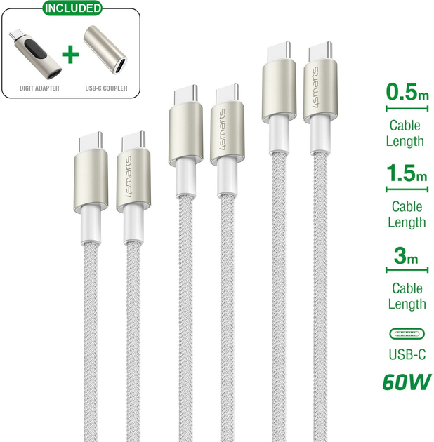 Кабель 4smarts Kabelset PremiumCord Digit Adapter USB-C - USB-C 60 W White (4252011907175) - зображення 5