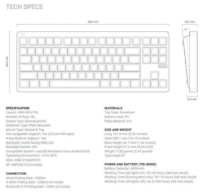 Бездротова механічна клавіатура NuPhy Gem80 / Silent Red Clear-Top (linear, 45 gf) / Color - Airy Lilac / Hot-Swappable, RGB, ANSI US - зображення 9