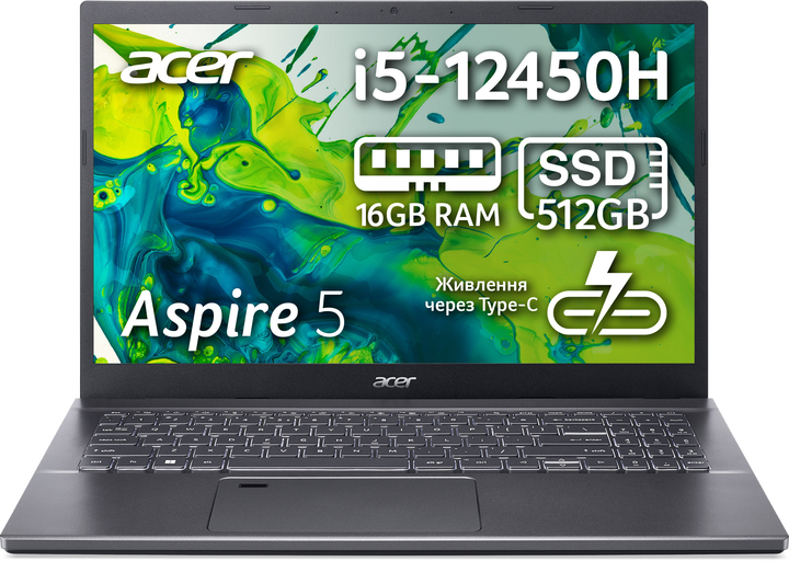 Ноутбук Acer Aspire 5 A515-57-59VX (NX.KN4EU.00C) Steel Gray / Intel Core i5-12450H / RAM 16 ГБ / SSD 512 ГБ / Підсвітка клавіатури / Зарядка через Type-C - зображення 2