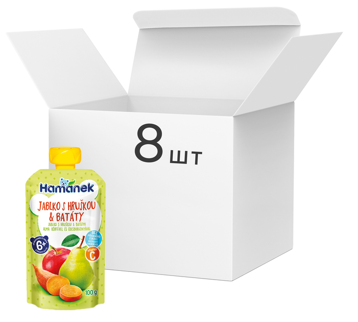 Упаковка пюре Hamanek Яблуко з грушею і бататом 100 г х 8 шт. (8595139798437) - зображення 1