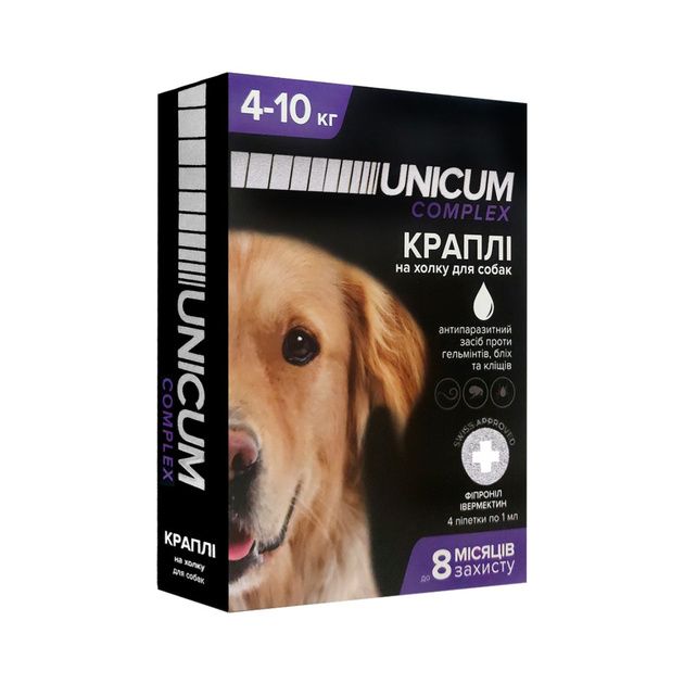 Краплі Unicum COMPLEX 4мл від гельмінтів бліх та кліщів на холку для собак 4-10 кг - Фото 1 Краплі Unicum COMPLEX 4мл від гельмінтів бліх та кліщів на холку для собак 4-10 кг - изображение 1