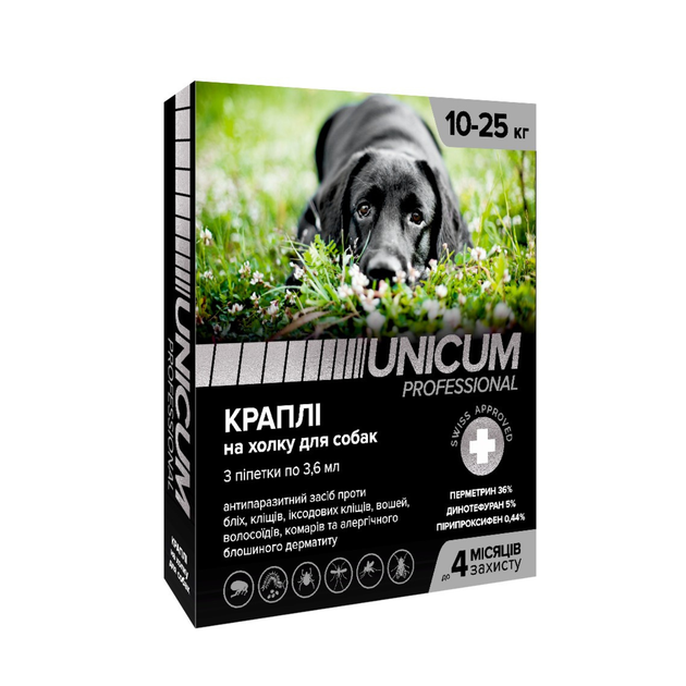 Капли Unicum PRO от блох и клещей на холку для собак 10-25 кг 3шт/уп по 3,6мл - Фото 1 Капли Unicum PRO от блох и клещей на холку для собак 10-25 кг 3шт/уп по 3,6мл - изображение 1