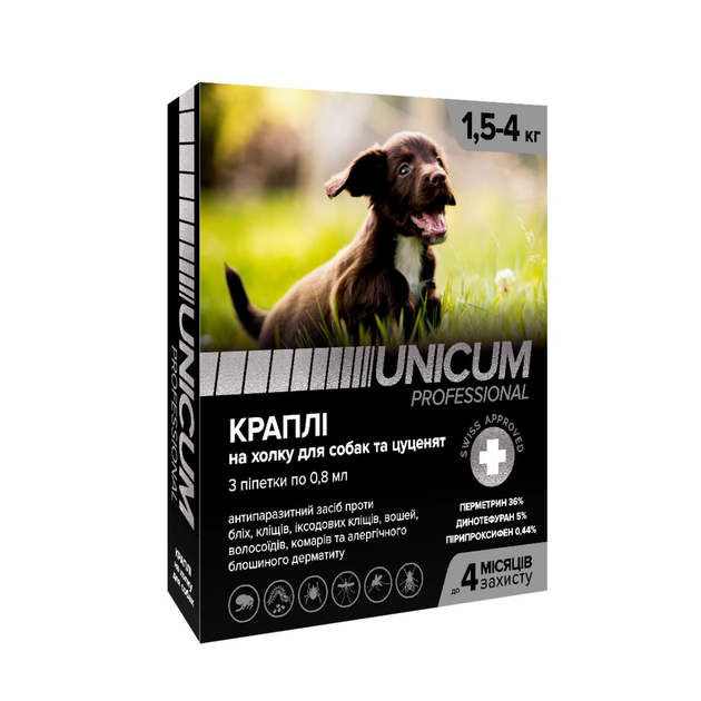 Краплі Unicum PRO від бліх і кліщів на холку для собак 1,5-4 кг 3шт/уп по 0,8мл - Фото 1 Краплі Unicum PRO від бліх і кліщів на холку для собак 1,5-4 кг 3шт/уп по 0,8мл - изображение 1