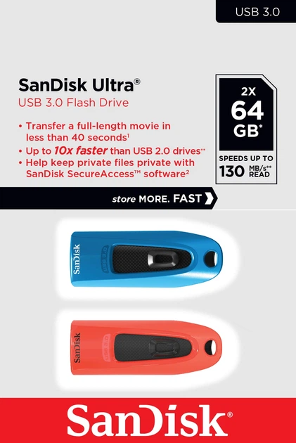 Флеш пам'ять USB SanDisk Ultra 64GB USB 3.0 2 шт. Blue/Red (0619659193508) - зображення 3