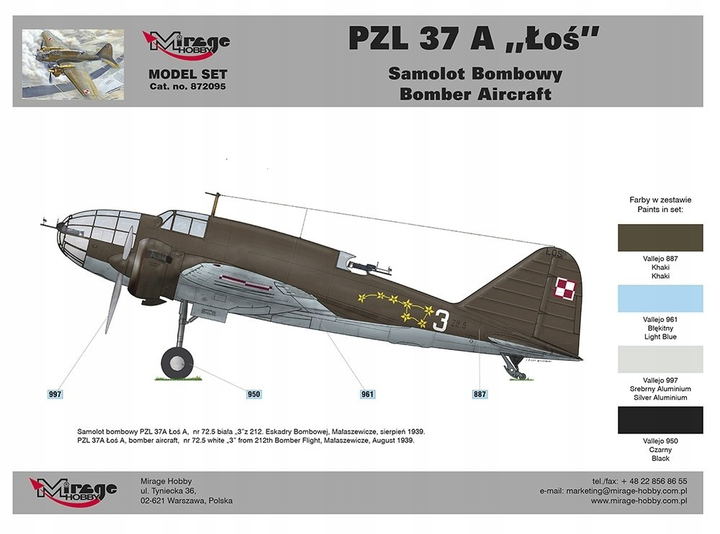 Збірна модель Mirage Hobby 872095 Літак-бомбардувальник PZL-37 A Łoś 1:72 (5901463872959) - зображення 2