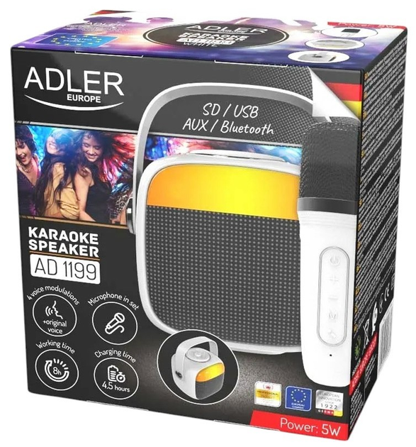 Głośnik przenośny Adler AD1199 Bluetooth/SD/USB/AUX z mikrofonem i funkcją karaoke White (5905575902382) - obraz 6