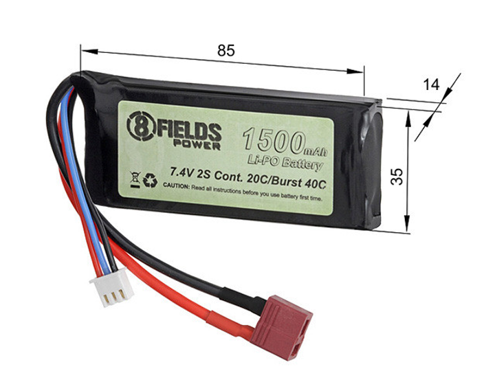 Акумулятор Li-Po 1500 mAh 7,4V 20/40C - T-connector [8FIELDS] (для страйкболу) - зображення 2