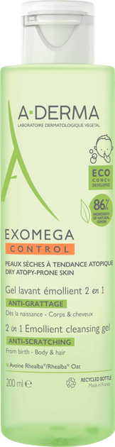 Żel emolient pod prysznic A-Derma Exomega Control 2 w 1 do skóry atopowej 200 ml (3282770144116) - obraz 1