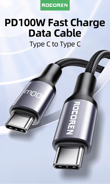 Кабель Rocoren 100 Вт 2м Type C на Type C для быстрой зарядки - изображение 2