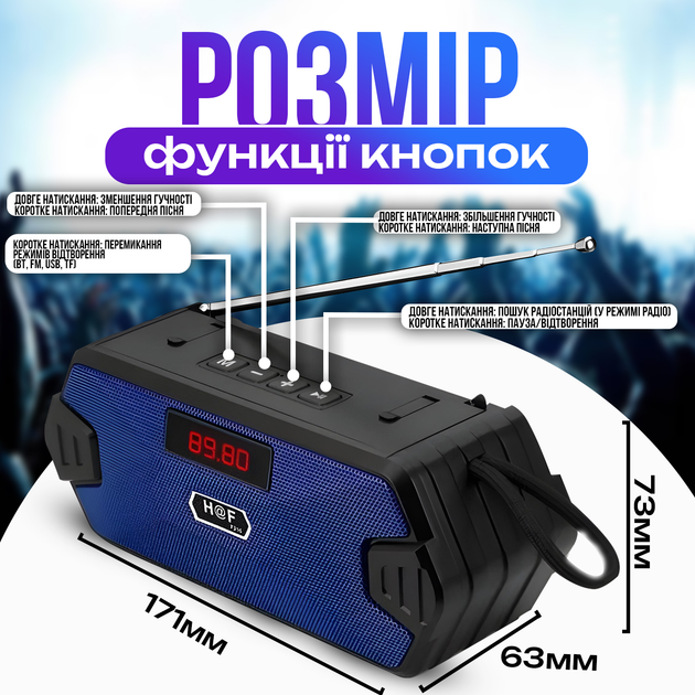 Радиоприемник / Bluetooth-колонка с аккумулятором LED дисплей HF216 ( FM, USB, MP3, MicroSD) Blue - изображение 3