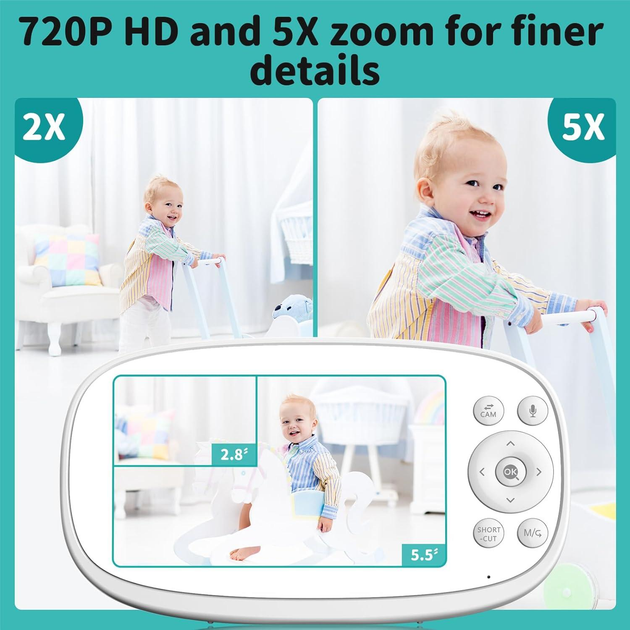 Камера 360 видеонаблюдения видеоняня VIZOLINK VB10S с 5,5-дюймовым экраном 5х увеличения, VOX, не требует WiFi - изображение 7